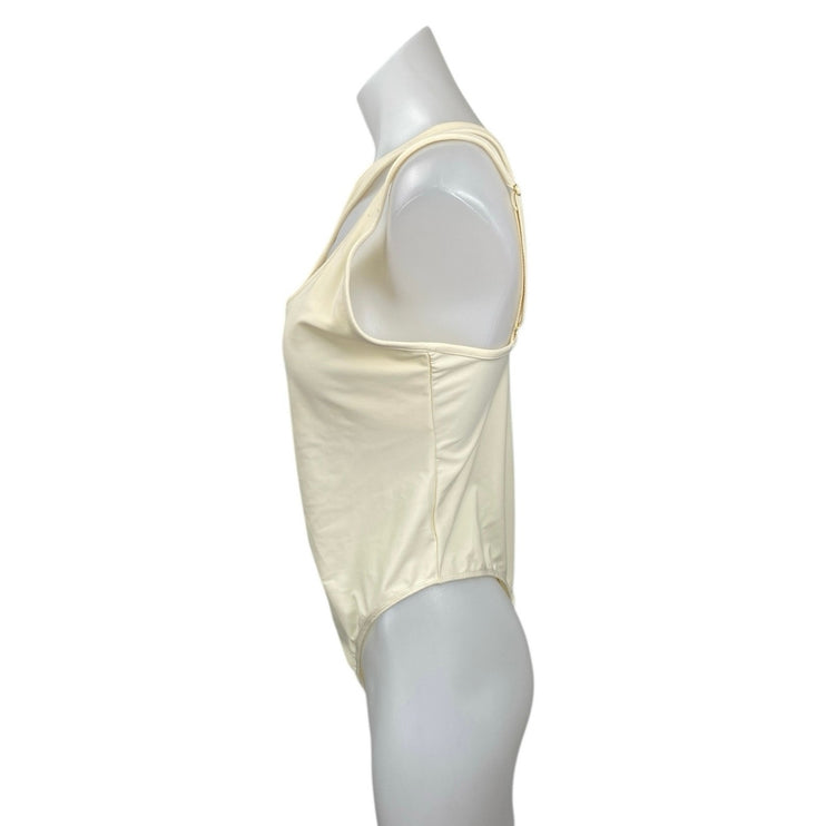 NEW WeWoreWhat Cream One Shoulder Sleeveless Cutout Thong Bodysuit Top Size L