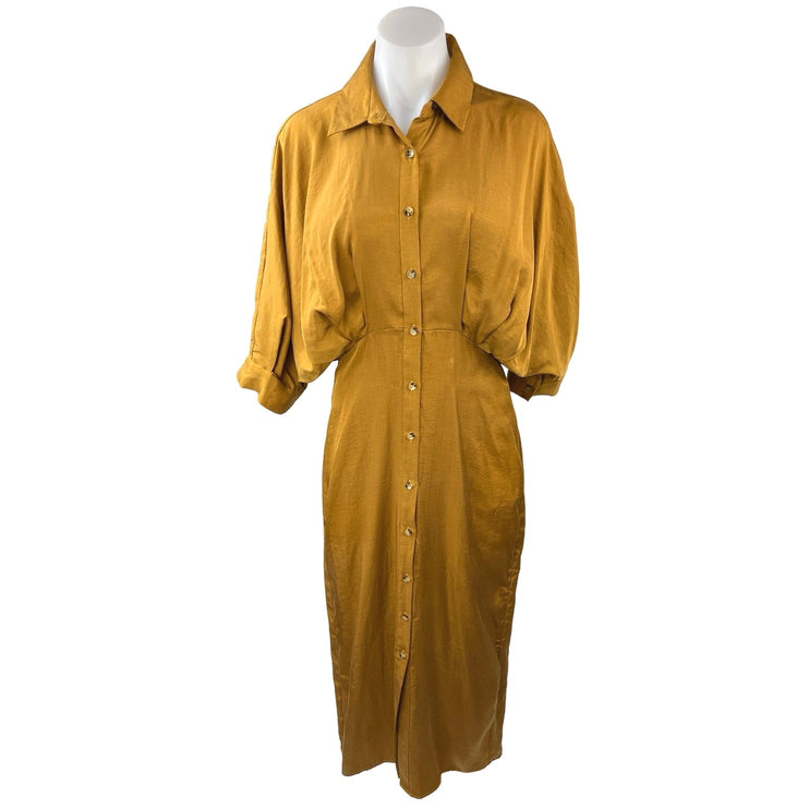 Zara Mustard Yellow Sateen Button Down Dolman Sleeve Midi Blouson Shirt Dress XS