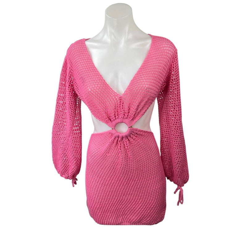 Women's Pink Crochet Long Sleeve V-neck Knitted Swim Beach Cover Up Mini Dress S