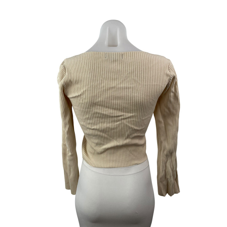 Motel Women's Beige Tie Bustier Ribbed KNit Long Sleeve Blouse Crop Top Size M