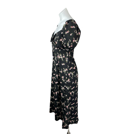 Hesperus Black Floral Ditsy Short Puff Sleeve Tie Smocked A Line Midi Dress Sz M
