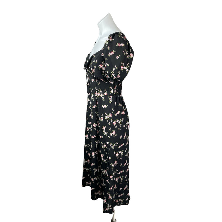 Hesperus Black Floral Ditsy Short Puff Sleeve Tie Smocked A Line Midi Dress Sz M