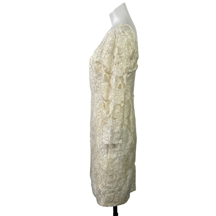 Aidan Mattox Women's Cream 3/4 Sleeves Floral Embroidered Lace Formal Dress Sz 6