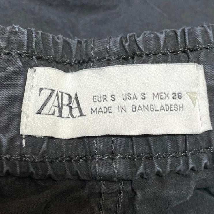 Zara Women's Black High Waisted Drawstring Parachute Trousers Pants Size S