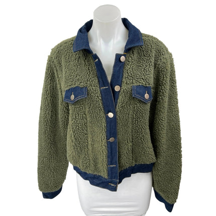 Brooklyn Karma Green Blue Denim Sherpa Fleece Collar Button Down Coat Jacket M