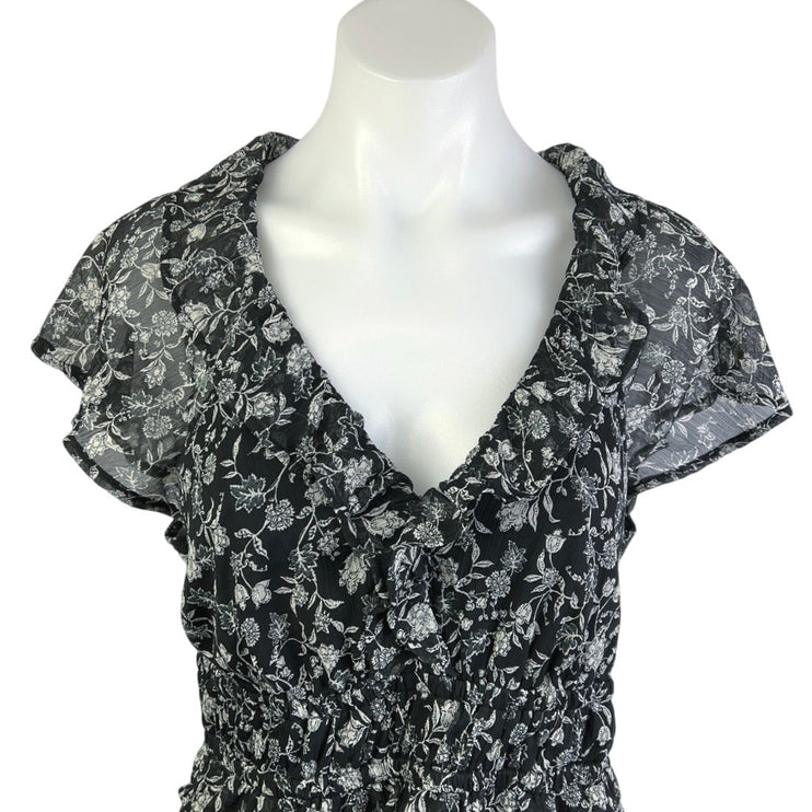Old Navy Black Floral Ruffle Flutter Sleeve V Neck Tiered A Line Midi Dress Sz M