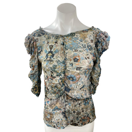 Isabel Marant 100% Silk Multicolor Floral Ruched Puff Sleeve Slim Blouse Top 1