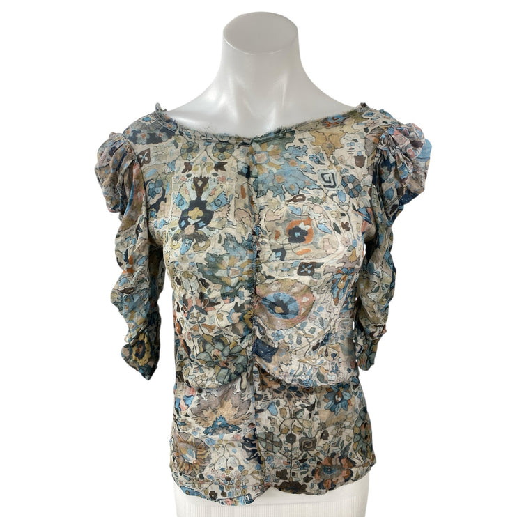 Isabel Marant 100% Silk Multicolor Floral Ruched Puff Sleeve Slim Blouse Top 1