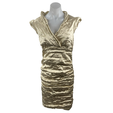 Nicole Miller Gold Metallic Cap Sleeve Surplice V Neck Ruched Mini Dress Size 12
