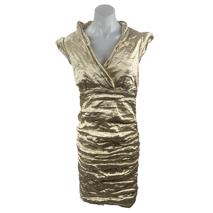 Nicole Miller Gold Metallic Cap Sleeve Surplice V Neck Ruched Mini Dress Size 12