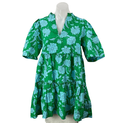Sugarlips Women's Green Blue Waterlilly Floral Dixie Split Neck Shift Dress Sz S