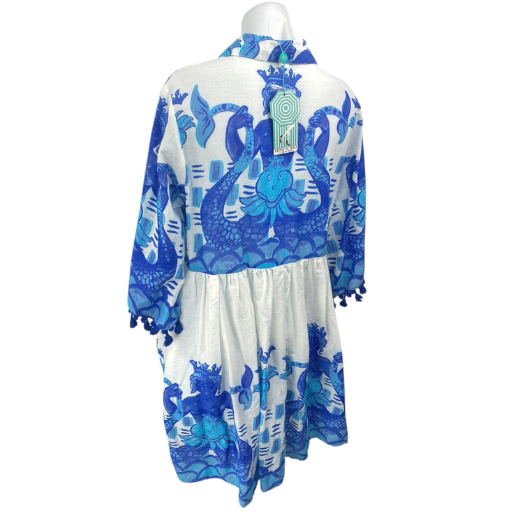 NEW Leoni Al Sole Blue Tassel 3/4 Sleeve Collared Button Mini Shirt Dress Sz S/M