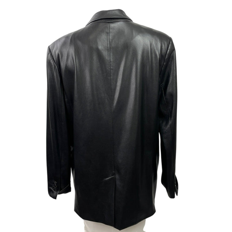 Zara Women Black Faux Leather Vegan Peak Lapel Relaxed Blazer Coat Jacket Size L