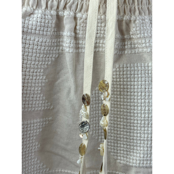 Women's White Smocked Embroidered Beaded Tassle Tie Mini Flare A-Line Skirt 2/4