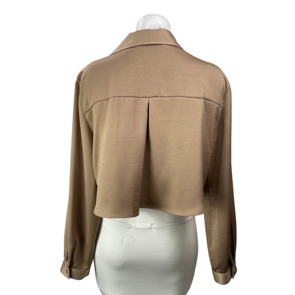 Zara Women's Tan Beige Long Sleeve Cropped Boxy Button Down Shirt Top Size XL