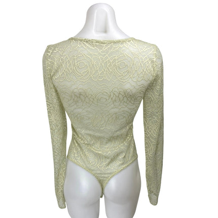 Free People In My Head Green Long Sleeve Mesh Sheer Lace Bodysuit Top Size XS