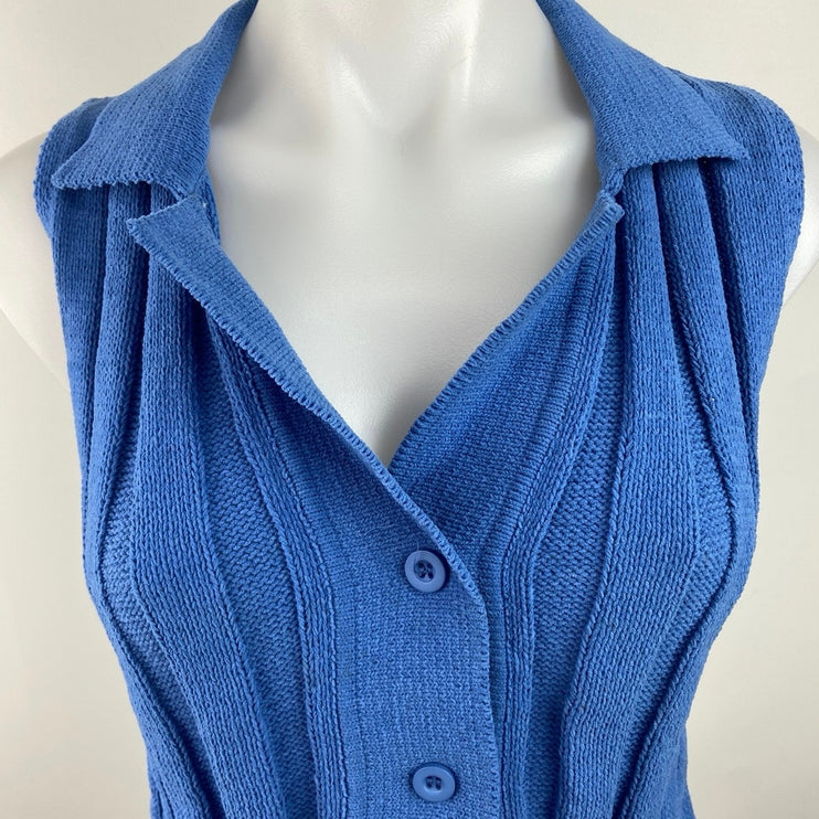 Zara Blue Collared Button Up Sleeveless V Neck Cozy Ribbed Knit Crop Top Size M