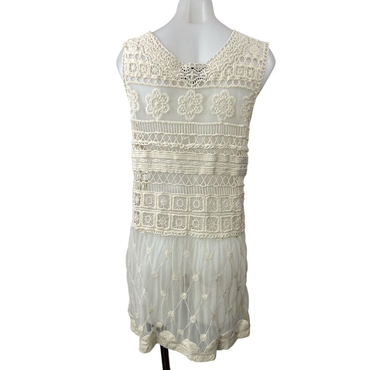 Sunday in Brooklyn Cream Crochet Embroidered Cover Up Mini Tank Shift Dress Sz S