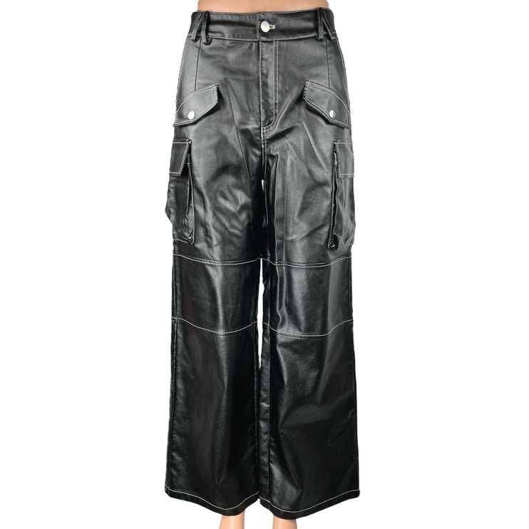 Edikted Women's Black Faux Leather Wide Leg High Waist Cargo Trousers Pants Sz S