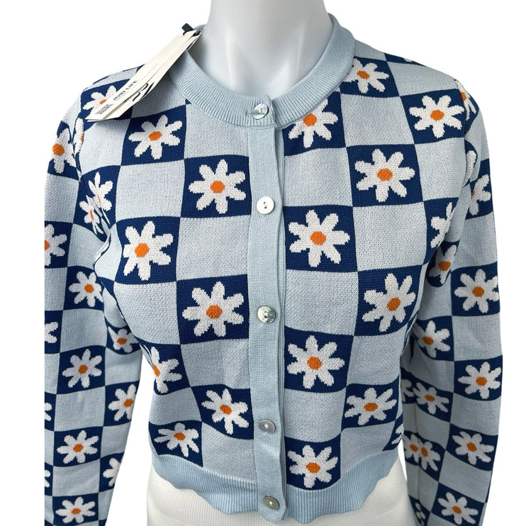 NEW Zara Blue Daisy Floral Checkered Button Knit Crop Cardigan Sweater Top Sz M