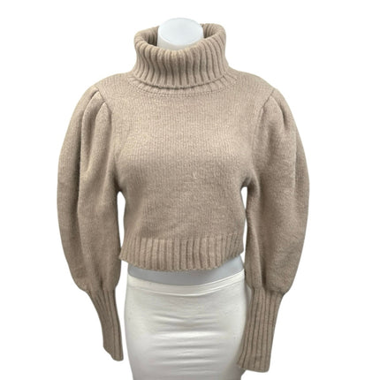 Zara Women's Brown Wool Turtleneck Oversized Puff Sleeve Knit Crop Sweater Top M