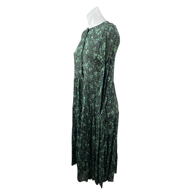 Zara The Angel Green Floral Smocked Long Sleeve Midi Maxi A-Line Shirt Dress S