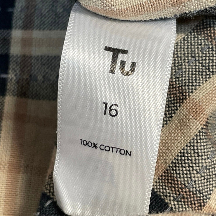 Tu Clothing Women's Beige Plaid Flannel Long Sleeve Ruffle Blouse Top Size 16
