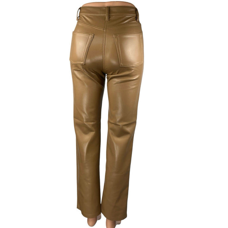 Aritzia Wilfred The Melina Brown Faux Leather Mid Rise Straight Trousers Pants 0