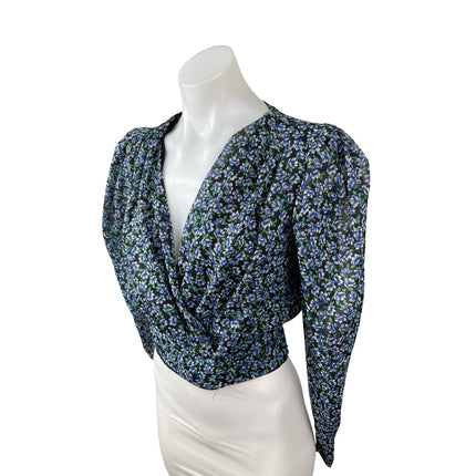 Zara Women's Blue Floral Long Puff Sleeve V Neck Faux Wrap Cropped Blouse Top XS