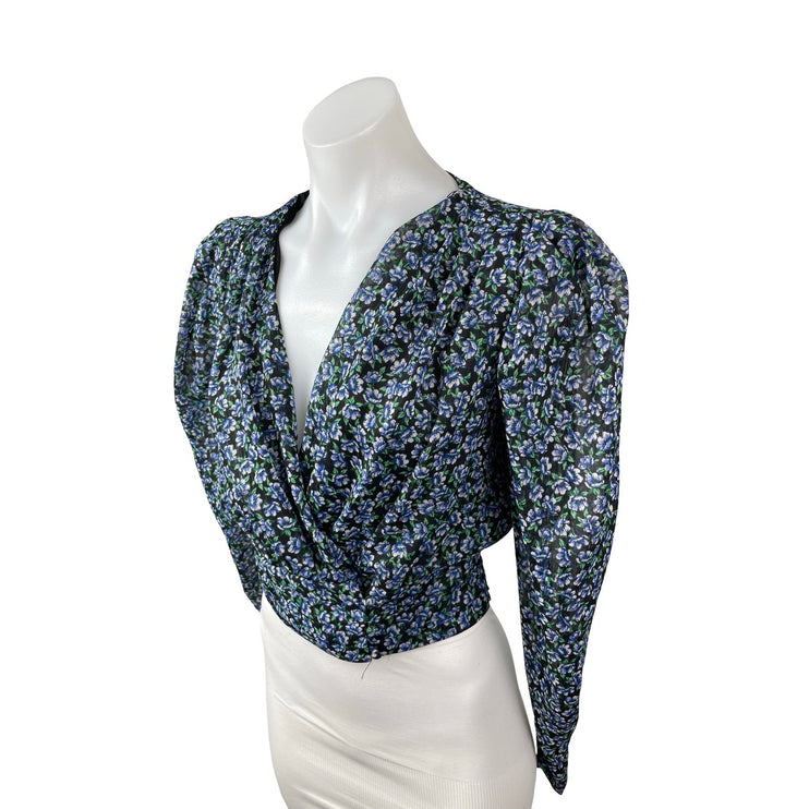 Zara Women's Blue Floral Long Puff Sleeve V Neck Faux Wrap Cropped Blouse Top XS