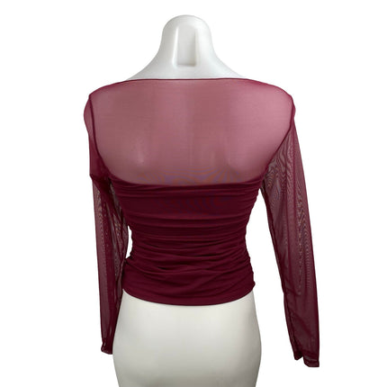 Suuksess Women's Red Sheer Mesh Ruched Boat Neck Long Sleeve Tee Blouse Top Sz S