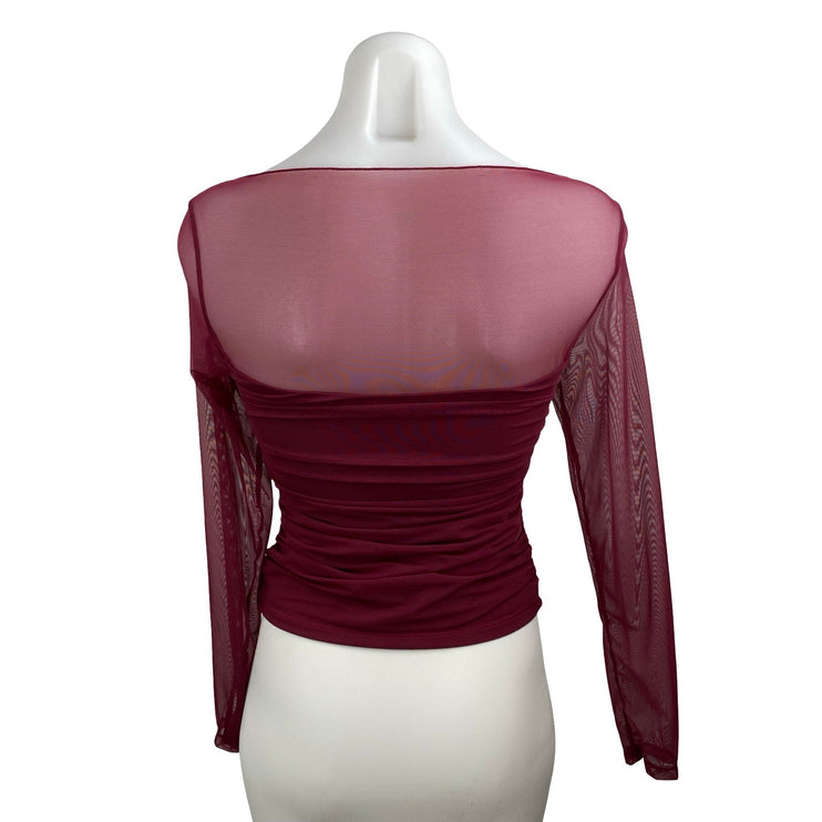 Suuksess Women's Red Sheer Mesh Ruched Boat Neck Long Sleeve Tee Blouse Top Sz S