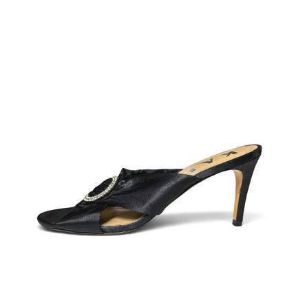 Kalda Black Satin Buckles Cross Straps Rhinestone Heeled Mules Sandals Sz 8.5-9