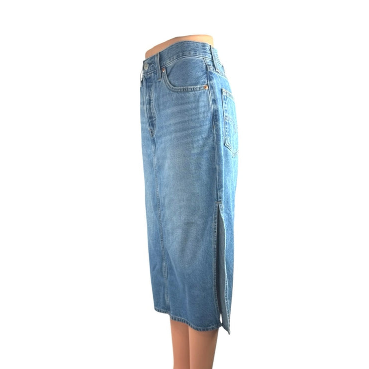 Levi's Light Blue High Rise Side Slit Classic Midi Flare A-Line Denim Skirt 27