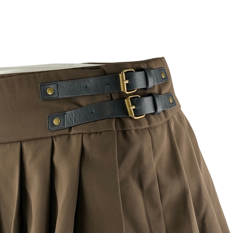 Edikted Polina Women Brown Double Belt Pleated Mini Skater Flare A-Line Skirt XL