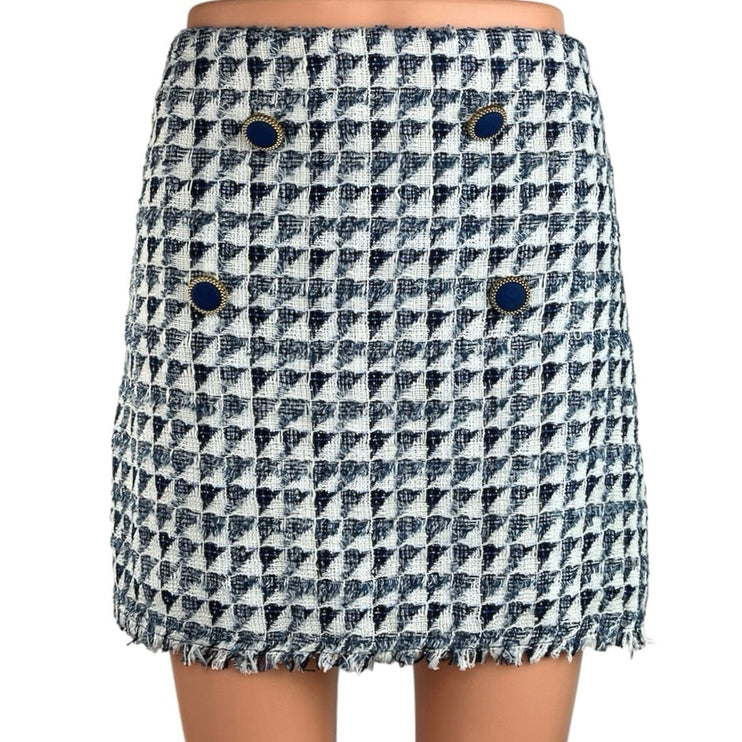 Mango Suit Blue White Tweed Fringe Button Details Mini Straight Pencil Skirt 2