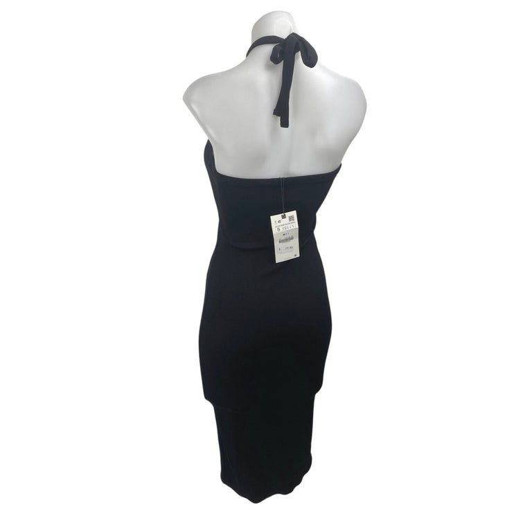 NEW Zara Women's Black Sleeveless Halter Tie Bandeau Midi Tank Bodycon Dress S