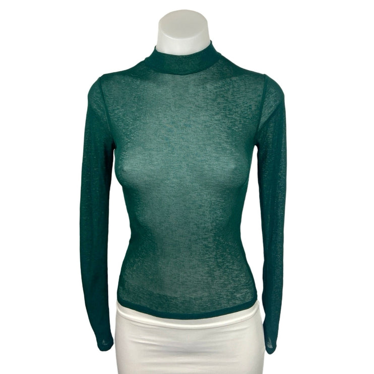 Topshop Green Mock Neck Semi Sheer Slim Fitted Stretch Long Sleeve Top Size 0