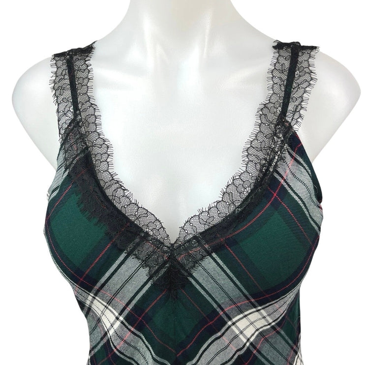 Zara Green White Plaid Lace Trim Ruffle V Neck Sleeveless Tank Top Size S