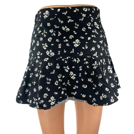 Zara Women's Black Floral Ruffle Faux Wrap Zipper Mini A-Line Flared Skirt Sz XS