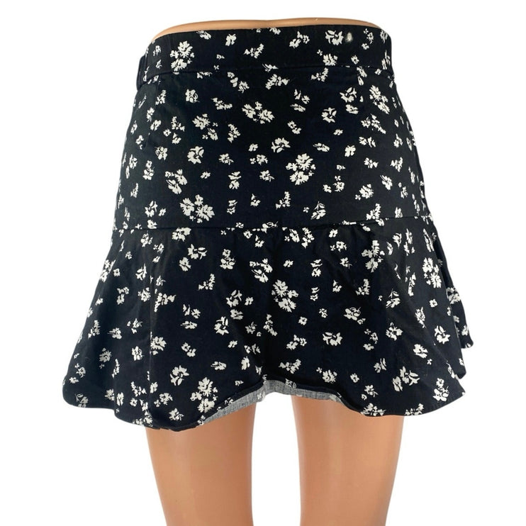 Zara Women's Black Floral Ruffle Faux Wrap Zipper Mini A-Line Flared Skirt Sz XS