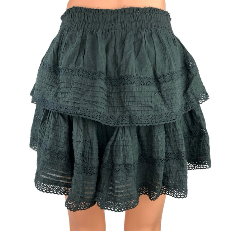 Aerie Women's Black Lace Smocked Waist Tiered Ruffle Flared A-Line Mini Skirt M