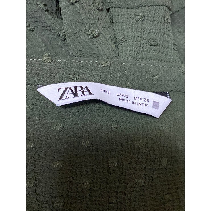 Zara Green Swiss Dots Ruffle V Neck Long Sleeve Button Up Shirt Blouse Top Sz S