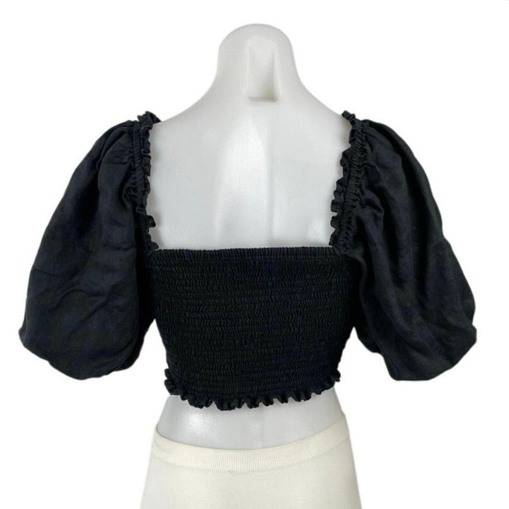 Faithfull the Brand Barnette 100% Linen Smocked Puff Sleeve Crop Blouse Top Sz 4