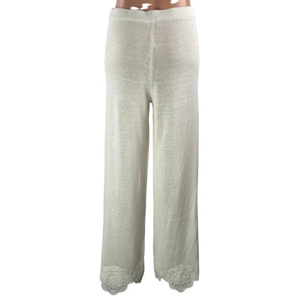 Meshki Women's White High Rise Knit Semi Sheer Wide Leg Trousers Pants Size S