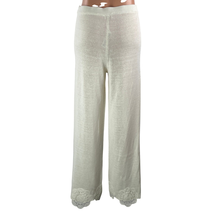 Meshki Women's White High Rise Knit Semi Sheer Wide Leg Trousers Pants Size S