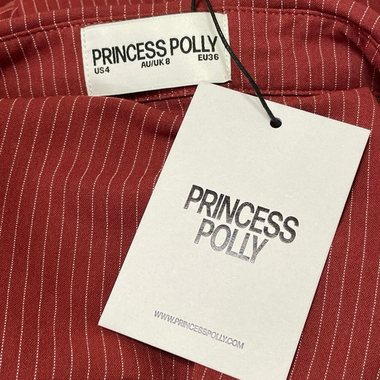 NEW Princess Polly Arianwyn Red Burgundy Short Sleeves Pinstriped Mini Dress 4