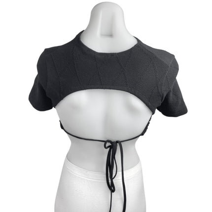 Zara Black Short Sleeve Argyle Tie Back Knit Cutout Mock Neck Crop Top Size M/L