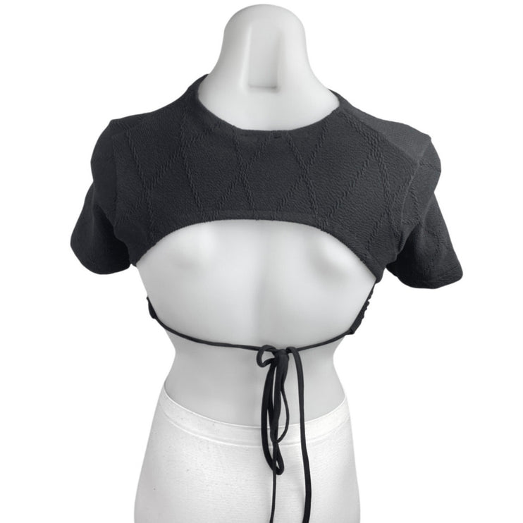 Zara Black Short Sleeve Argyle Tie Back Knit Cutout Mock Neck Crop Top Size M/L