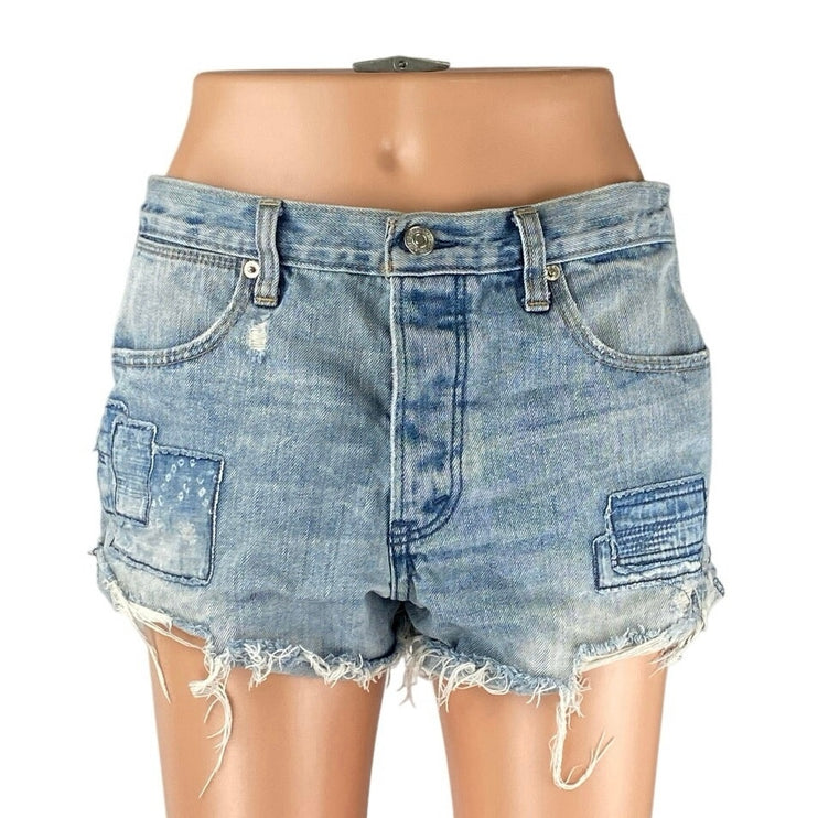 Abercrombie & Fitch Women's Blue High Waist Distressed Patcworks Denim Shorts 6